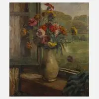 Franz Wallischeck, Blumen am Fenster, Öl auf Leinwand in Zweitverwendung