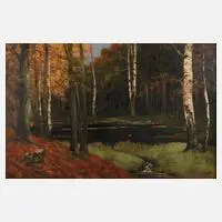 H. Wenzel, Birken am Weiher, Öl auf Leinwand