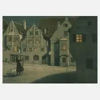 Ernst Liebermann, "Kleinstadtidyll", Farblithographie auf Karton