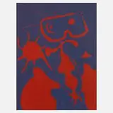 Joan Miró, "Femme", Linolschnitt in Blau auf rotem Papier