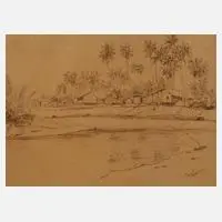 Raja Azhar Idris, Am Fluss, Tuschefeder auf gelblichem Papier