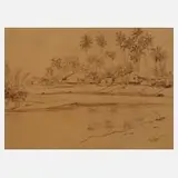 Raja Azhar Idris, Am Fluss, Tuschefeder auf gelblichem Papier