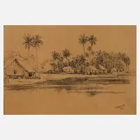 Raja Azhar Idris, Hütten am Fluss, 1978, Tuschefederzeichnung auf gelblichem Papier