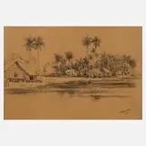 Raja Azhar Idris, Hütten am Fluss, 1978, Tuschefederzeichnung auf gelblichem Papier