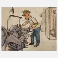 Fritz Tröger, An der Drehbank, Tuschefeder und Aquarell