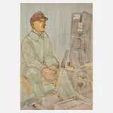 Fritz Tröger, "Michael Schuster an der Seilwinde", 1958, Tuschefeder und Aquarell