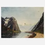 Therese Fuchs, Fjordlandschaft, Öl auf Holzplatte