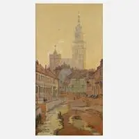 Mittelalterliche Stadt by Walter Corsep, Öl auf Karton, sold Jun 2020
