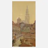 Walter Corsep, Mittelalterliche Stadt, Öl auf Karton