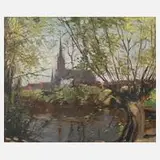 Julius Cran, Am Teich, Öl auf Sperrholztafel