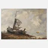 Finsterwald, Segelboot am Strand, Öl auf Leinwand