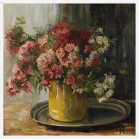 Pauline Johnen, Teerosenstillleben, Öl auf Leinwand