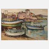 Rudolf Lunghard, Am Fischerhafen, 1956, Öl auf Karton