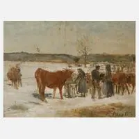 E. Schnell, Viehmarkt, 1929, Öl auf massiver Holzplatte