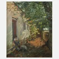 Heide Sutter, Strickende Frau im Bauerngarten, Öl auf Leinwand
