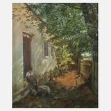 Heide Sutter, Strickende Frau im Bauerngarten, Öl auf Leinwand