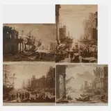 Richard Earlom, Vier Hafendarstellungen, Radierung und Mezzotintoradierung in Braun gedruckt