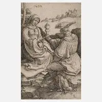 Edelmann und Dame by Lucas van Leyden, 1520, Kupferstich mit gleichmäßigem Plattenton, sold Jun 2020