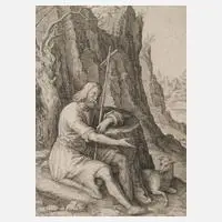 Jakob Matham, Jesus als guter Hirte, Kupferstich auf schwachem Bütten mit Wasserzeichen bekröntes Wappen