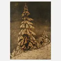 Ernst Precht, "Tanne im Schnee", Holzschnitt
