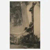 Anton Rausch, Drei Marien am Kreuz Jesu, Radierung in Dunkelblau mit Plattenton