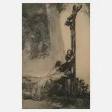Anton Rausch, Drei Marien am Kreuz Jesu, Radierung in Dunkelblau mit Plattenton