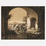 T. Vogel, Landschaft mit Wasserfall, 1801, Tusche mit partieller Weißhöhung