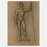 Walther Gasch, Stehender Männerakt, 1937, Pastellkreiden auf grünlichem Papier