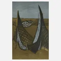 Stefan Plenkers, "Fischernetze", 1945, Farblithographie