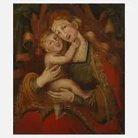 Madonna mit Kind, 17. Jh., Öl auf Leinwand und Holzplatte