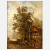 Konrad Reinherz, Idyllische Szene am Bach, Öl auf gesperrter Holzplatte