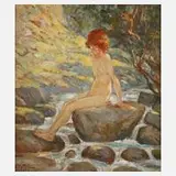 E. Catoni, Mädchen am Fluss, 1922, Öl auf Pappe