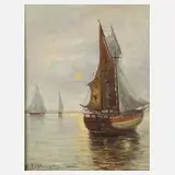 H. Edelmann, Boote im Mondlicht, Öl auf Leinwand auf Spanplatte doubliert
