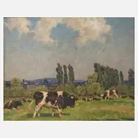 Georg Hänel, Vorgebirgslandschaft mit Kühen, 1940, Öl auf Malkarton