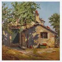 Ekkehard Erwin Kohlund, Am Gartenhaus, Öl auf Leinwand