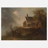 Oskar Mulley, Kirche im Gebirge, Öl auf Hartfaserplatte