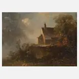 Oskar Mulley, Kirche im Gebirge, Öl auf Hartfaserplatte
