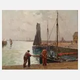 Maurice Pigeon, Hafen in Staint-Vaast-la-Hougue, Öl auf Leinwand