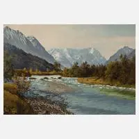 Josef Vogl, "Loisach mit Wettersteingebirge", Öl auf Hartfaserplatte