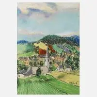 Otto Holas, Dorf im Gebirge, Pastellkreidezeichnung
