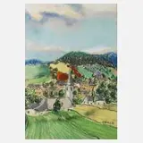 Otto Holas, Dorf im Gebirge, Pastellkreidezeichnung