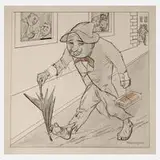 Wolfgang Wagner, "Vorladung zum Finanzamt", Tuschefeder und Aquarell
