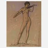 Walther Gasch, Nackte Geigenspielerin, 1911, Kohle und Pastell auf beigem Papier