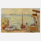 Rolf Krause, "See mit Boot", Öl auf Hartfaserplatte