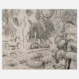 Prof. Wilhelm Rudolph, Gewitter über dem Dorf, Holzschnitt