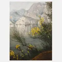 Maritta Seybold, Ginster am Bergsee, Öl auf Karton