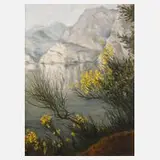 Maritta Seybold, Ginster am Bergsee, Öl auf Karton