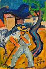 Pierre Ambrogiani, Homme au râteau, technique mixte sur papier marouflé sur toile