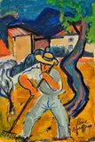 Pierre Ambrogiani, Homme au râteau, technique mixte sur papier marouflé sur toile