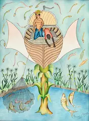 Rigaud Benoit, Scène de pêche, 1980, acrylique sur carton